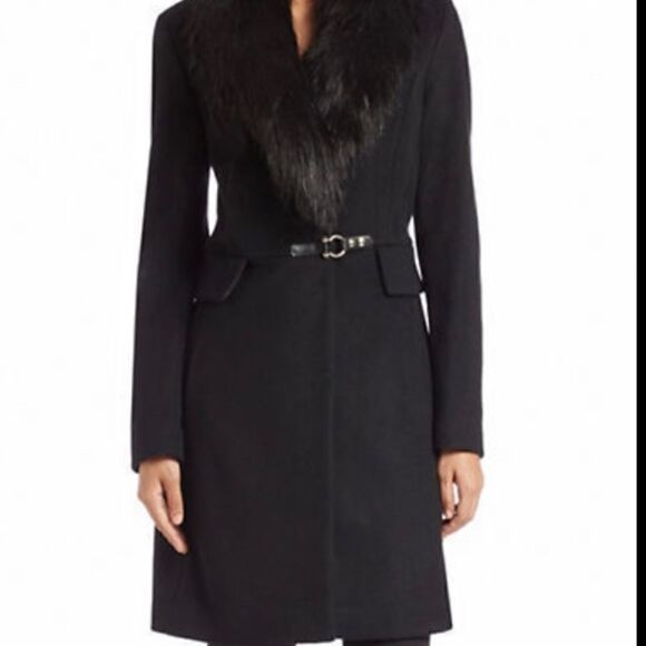Faux fur trim shearling winter Coat, deep navy blue, XS - Picture 1 of 7